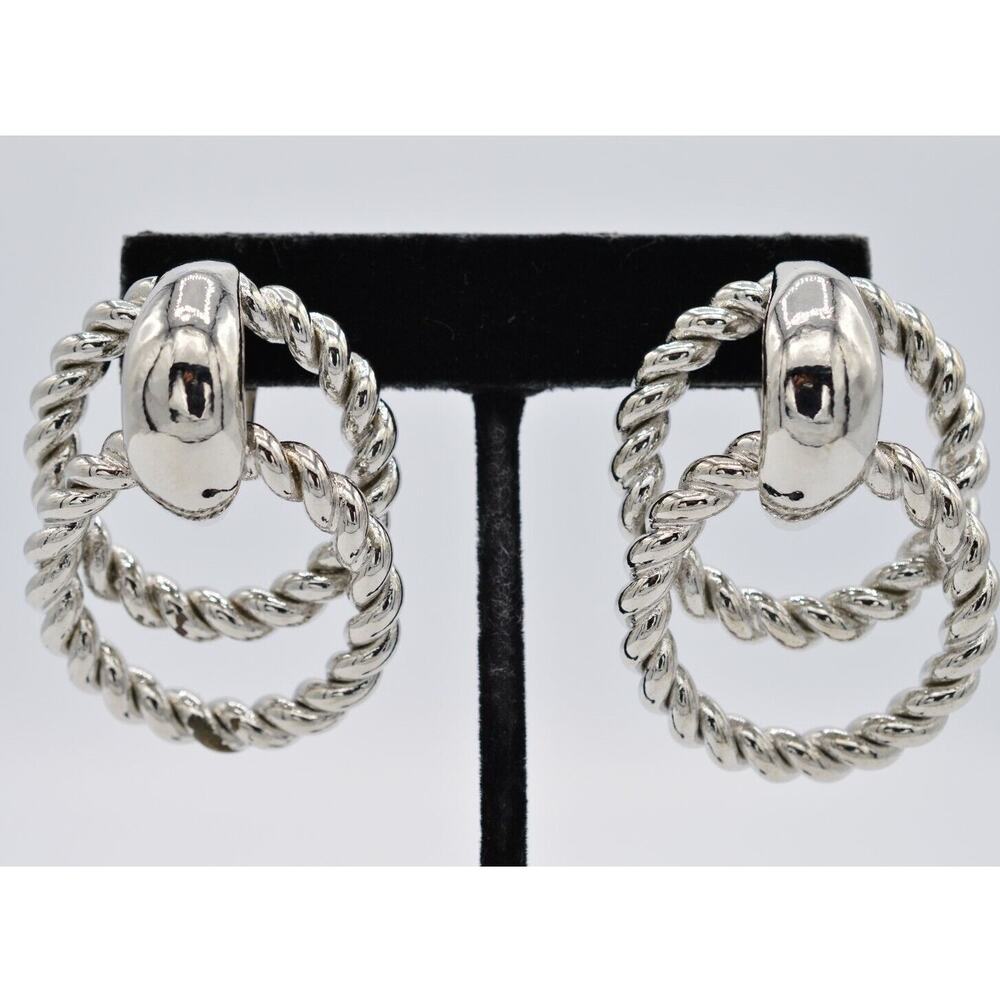 TAT Vintage Earrings Clip On Silver Rope Chunky Heavy Signed 1980s NOS BinAA